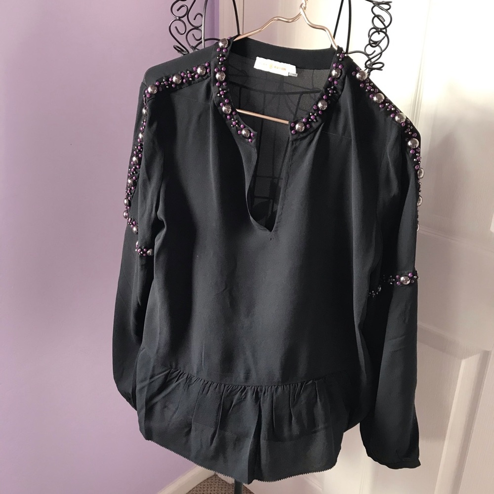 Tory Burch Black Tunic Top with Purple Bead Trim